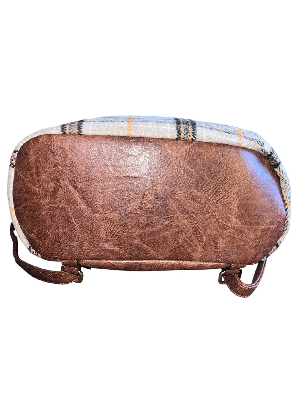 Plaid Wool Backpack with Brown Leather Straps - Beige and Orange